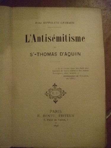 L'Antismitisme de Saint-Thomas d'Aquin.